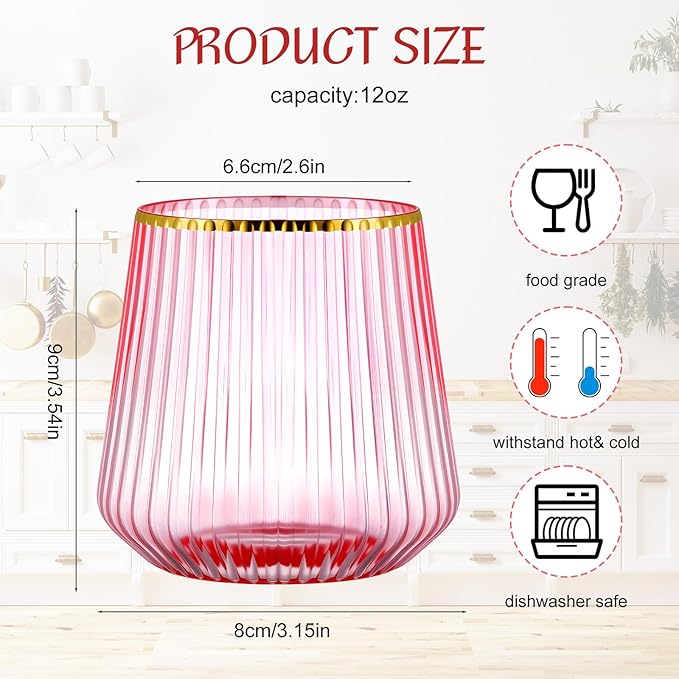 24 Pcs Pink Plastic Wine Glasses Ribbed Disposable Wine Glasses Unbreakable Stemless Champagne Whiskey Cups Ribbed Cocktail Plastic Cups for Wedding Home Office Bar (12 oz,Gold rim)