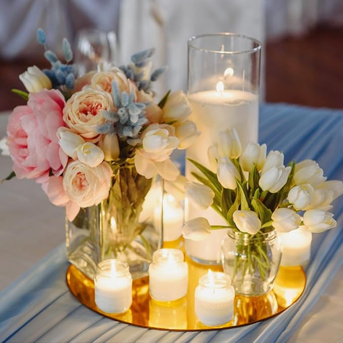 VASUHOME 10" Gold Mirror Centerpieces for Tables, Round Mirror Plates Set for Candle, Wedding, Party Decorations, Circle Mirror Trays with Smooth Edge and Cushioned Feet, 2mm Thick