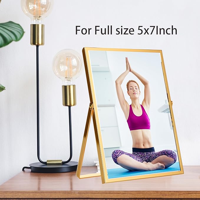 Gold 5x7'' Floating Frame Set of 2, For Photo Sizes 3.5x5'', 4x6'', 5x7'', Luxury Modern Gold Metal Frames for Tabletop/Shelf, Wedding, Birthday, Home or Office Decoration