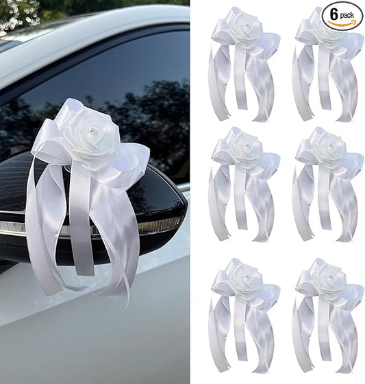 Wedding Car Decoration Flowers, Artificial White Bow Cars Decorative Flower Rose for Door Handles, Automotive Decorations Accessories for Women Men