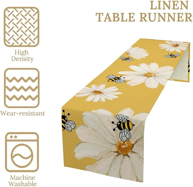 Daisy Flower Table Runner, Summer Spring Seasonal Watercolor Wildflower Yellow Bee Print Table Cover for Home Party Decor Kitchen Dining Table, 13x60inch