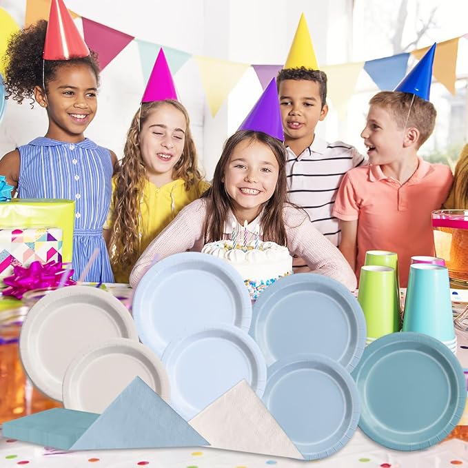 CMUSKO Blue Birthday Decorations - 60pcs Dusty Blue Gradient Plates & Napkins Kit for Dusty Theme Baby Shower,Wedding, Bridal Shower