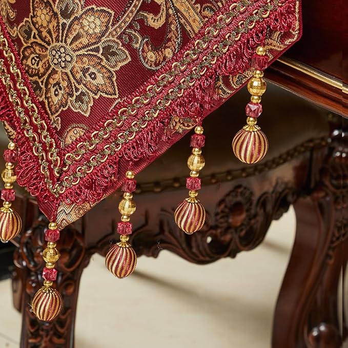 Luxury Vintage Table Runner 48 inches Long Embroidery Jacquard Fabric with Multi-Tassels Table Runners for Dining Room Dresser Wedding Christmas Thanksgiving Party Decorations (Red, 12X48inch)