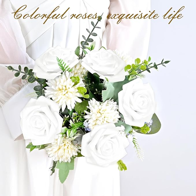 BLEUM CADE 36Pcs Artificial Flowers Fake Roses with Stems, White Boxed Foam Roses for DIY Bouquets Centerpieces Wedding Party Arrangement Bridal Shower Decor