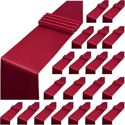 20 Pack Burgundy Satin Table Runner,12 x 108 inch Long Premium Smooth Burgundy Table Runners for Wedding, Banquets, Birthday, Party, Engagements,Table Runners fit Rectangle and Round Table