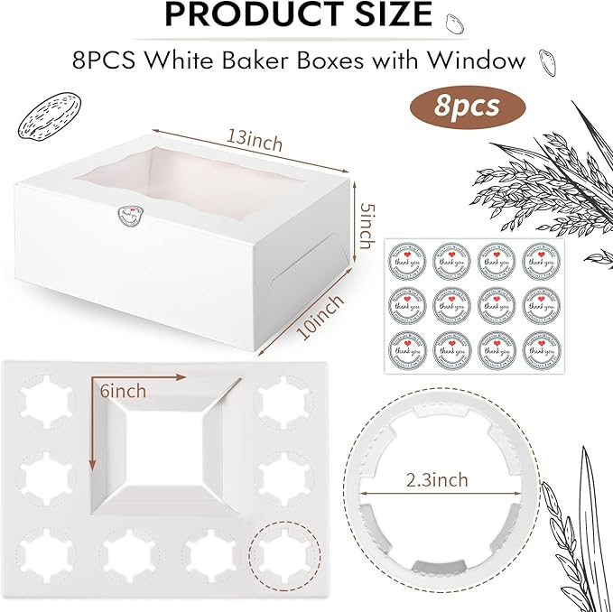 JCD 9 Holes Fit 8 Cupcakes and 1 Mini Cake Box Combo,8 sets of Cake Boxes, Pastry Sweets Bento Box, Cupcake Combo Box with Stickers(1+8/8pcs)