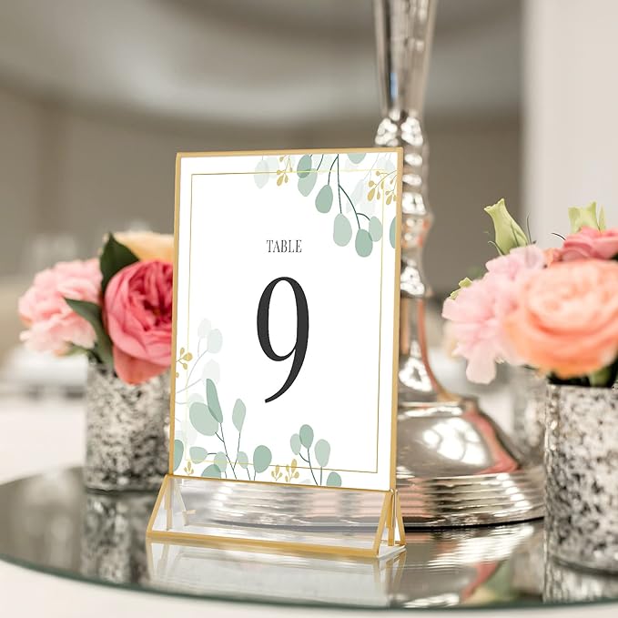 16 Pieces Gold Rimmed Clear Acrylic Table Sign Holders, Double Sided Frame with Gold Border and Vertical Stand for Wedding Table Number, Restaurant Sign, Photo Display, Menu Holder (4 x 6 Inch)