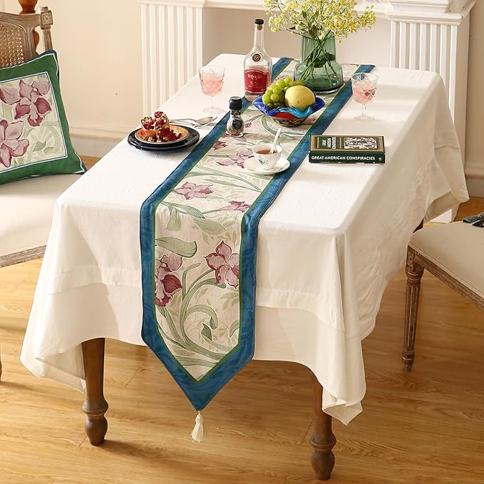 patdrea Designer Elegant Bright Linen Table Runner 71 Inch Long, Mauve Iris Floral Pattern Table Mat, Decoration for Kitchen Dining Table Coffee Table Shelf Cabinet Banquet Christmas ,12"*71"