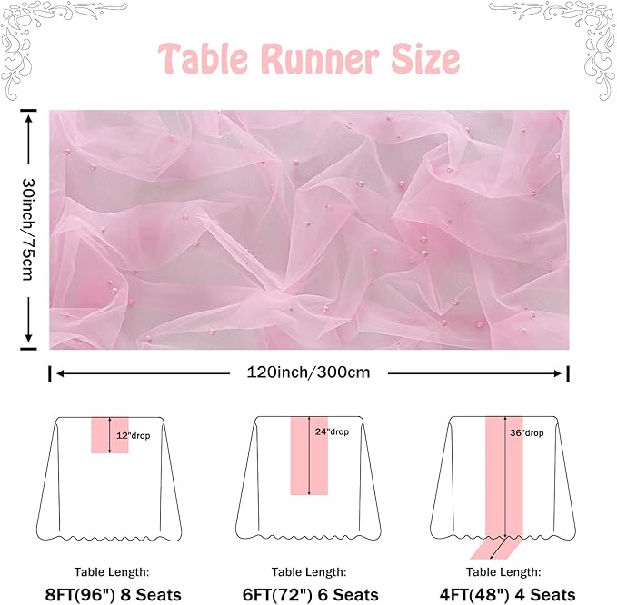 Fanami 3 Pack Pearl Table Runner -10FT Blush Pink Boho Tulle Table Runners 120 Inches Long Rustic Sheer Lace Fabric Centerpieces for Wedding Arch Birthday Party Bridal Veil Baby Shower Decorations