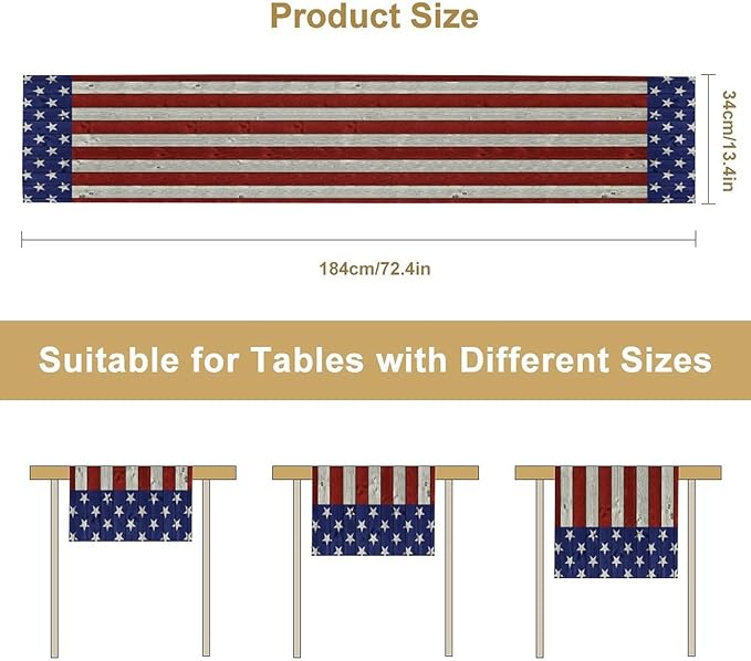 American Flag Table Runner, 4th of July USA Rustic Vintage Wooden Blue Red Stars Stripes Print Table Runner for Farmhouse Kitchen Dining Table Decor, 13x60inch