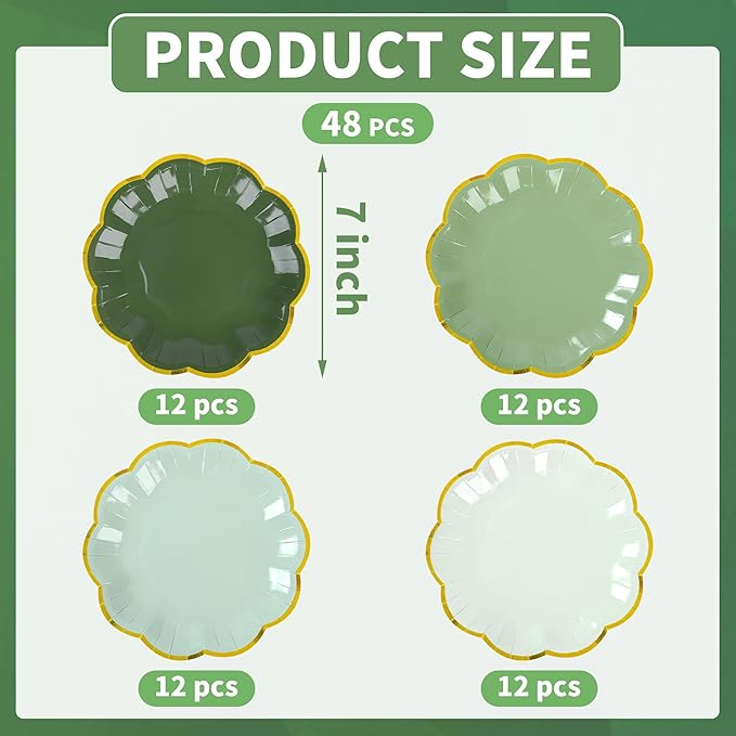 Sage Green Party Plates Gradient Green Dessert Paper Plate 7inch Gold Foil Scalloped Edge Disposable Cake Plates for Christmas Birthday Bridal Baby Shower Wedding Party Supplies (48)