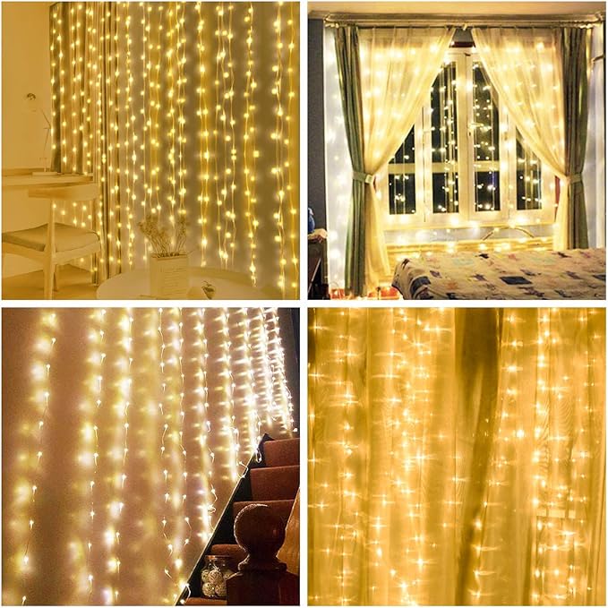 Vicloon Fairy Curtain Lights,300 LED Warm White Curtain Lights,8 Modes 9.8×9.8Ft Waterproof Window Curtain String Light USB&Battery Powered with Remote Control,String Lights Curtain for Indoor,Outdoor