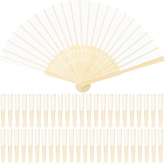 URATOT 48 Pieces White Folding Fans Silk Bamboo Folding Fans Handheld Fan for Wedding, Party Decoration