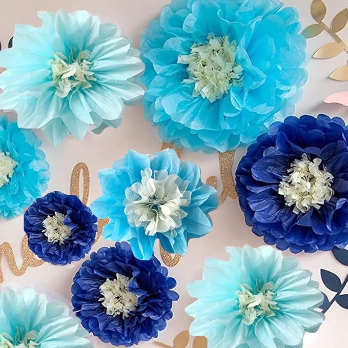 12pcs 10in 12in Paper Pom Poms Hanging Paper Flowers Wall Backdrop Wedding Party Flower Decorations DIY Art Craft Blooms for Birthday Baby Shower Nursery Decor Blue
