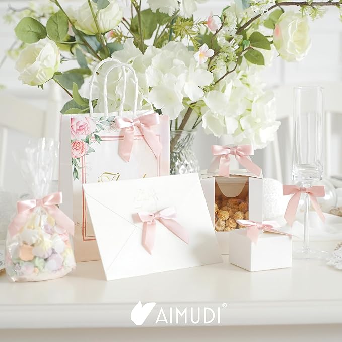 AIMUDI Small Rose Gold Bows 2.5" Pretied Satin Bows for Crafts Twist Tie Bows for Treat Bags Premade Mini Bows for Wedding Bridal Shower Bithday Baby Shower Decor - 50 Counts