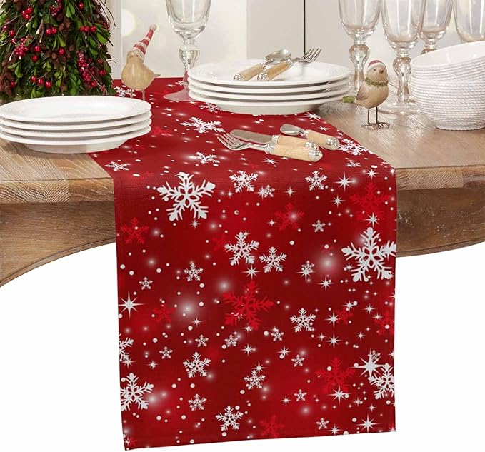 Christmas Snowflakes Cotton Linen Table Runner for Dining Kitchen, Red Xmas Winter Snow Wedding Outdoor Party Tablerunners Decoration, New Year Dresser Scarf Coffee Tablecloth Runners 13x108 Inches