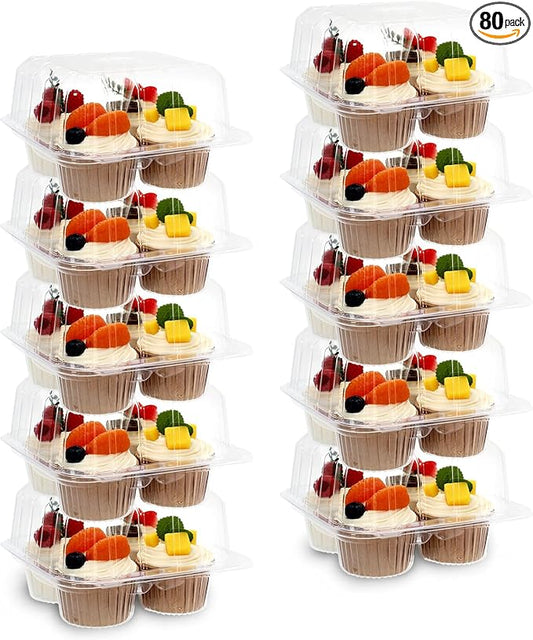 80 Pack Plastic Cupcake Containers 4-Compartment Clear Boxes Disposable Cupcake Tray Holders 4 Cavity Cupcakes Carriers with Deep Dome for Muffin Packaging
