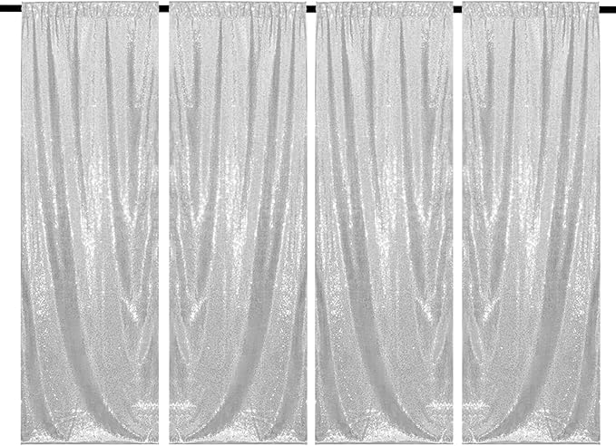 Silver Sequin Backdrop Curtains 4 Panels 2FTx8FT Wedding Photo Backdrop Glitter Birthday Bridal Party Curtains Sparkle Background Party Decor Curtains