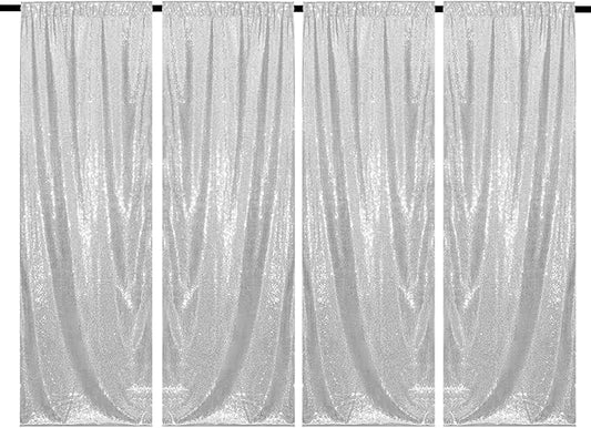 Silver Sequin Backdrop Curtains 4 Panels 2FTx8FT Wedding Photo Backdrop Glitter Birthday Bridal Party Curtains Sparkle Background Party Decor Curtains