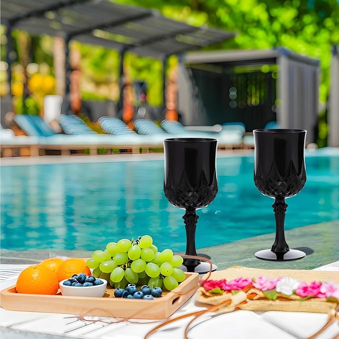 JLYLOL Plastic Vintage Wine Glasses 7OZ Plastic Goblets Vintage Drinking Glasses 48PCS Retro Wedding Glassware Water Goblets Reusable Drinking Cups for Party,Reception,Celebration,Bar,Whiskey(Black)