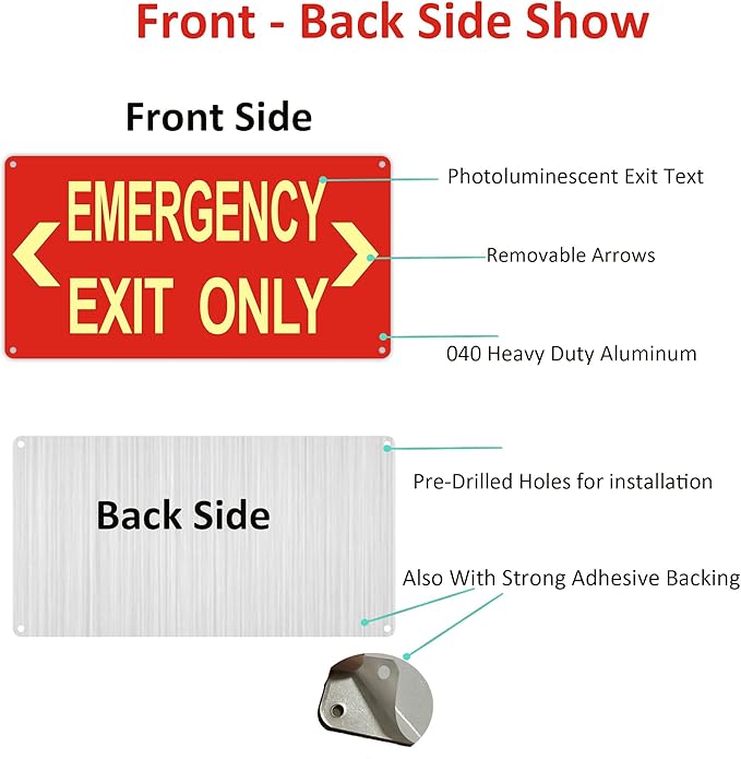 (2Pack) Photoluminescent Emergency Exit Sign Red, Glow In The Dark Aluminum Exit Sign - Adhesive Backing - 4pcs Removable Arrows Included - 14.25 x 7.5 Inches - Non Electrical Exit