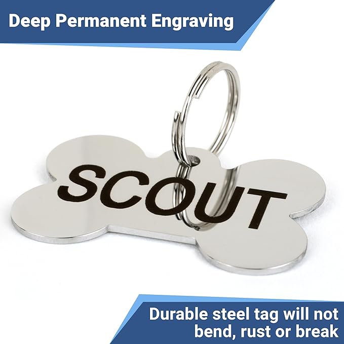 GoTags Stainless Steel Pet ID Tags, Personalized Dog Tags and Cat Tags, up to 8 Lines of Custom Text, Engraved on Both Sides, in Bone, Round, Heart, Bowtie and More (Round, Regular (Pack of 1))