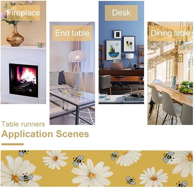 Daisy Flower Table Runner, Summer Spring Seasonal Watercolor Wildflower Yellow Bee Print Table Cover for Home Party Decor Kitchen Dining Table, 13x120inch