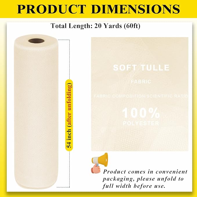 54" by 20 Yards Ivory Tulle Fabric Rolls - Tutu Spool Bolt for DIY Wedding Decoration, Baby Shower Tutu Skirt, Gift Wrapping - Large Matte Tulle, Roll Packaging