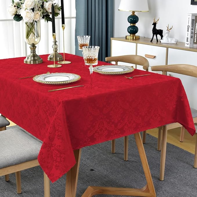 SASTYBALE Christmas Red Square Jacquard Tablecloth, Damask Table Cloth, Spill Proof Wrinkle Resistant Tablecloths, Soft Polyester Oblong Table Cover for Holiday,Winter,Kitchen,Parties (Red, 52X52)