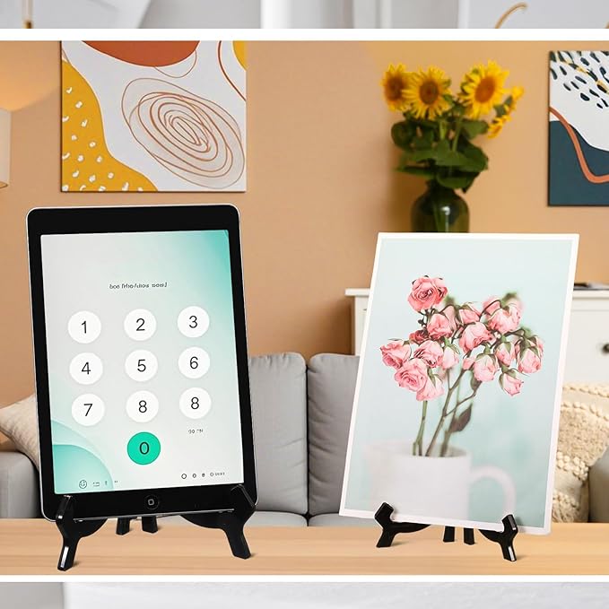 HESTYA 3 Pieces 4.5/7/9.8 Inch Black Acrylic Easels Display Stands Plate Stands Holders to Display Pictures or Other Items for Weddings, Birthdays, Home Decoration, Tables
