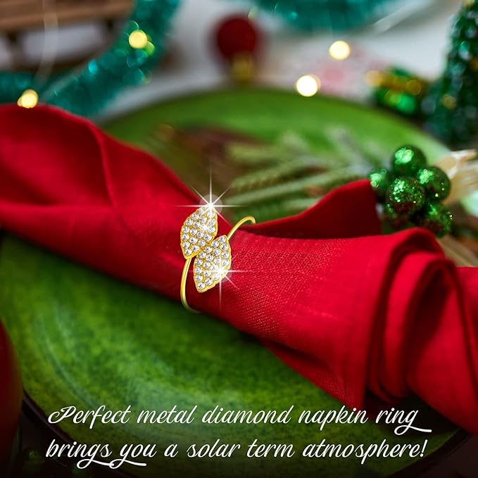 Hotop 150 Pcs Napkin Rings Gold Table Decorations, Elegant Bling Leaves Napkin Rings, Rhinestone Guest Towels Buckle for Wedding Gold Party, Thanksgiving Christmas Dinner Banquet Table Decoration