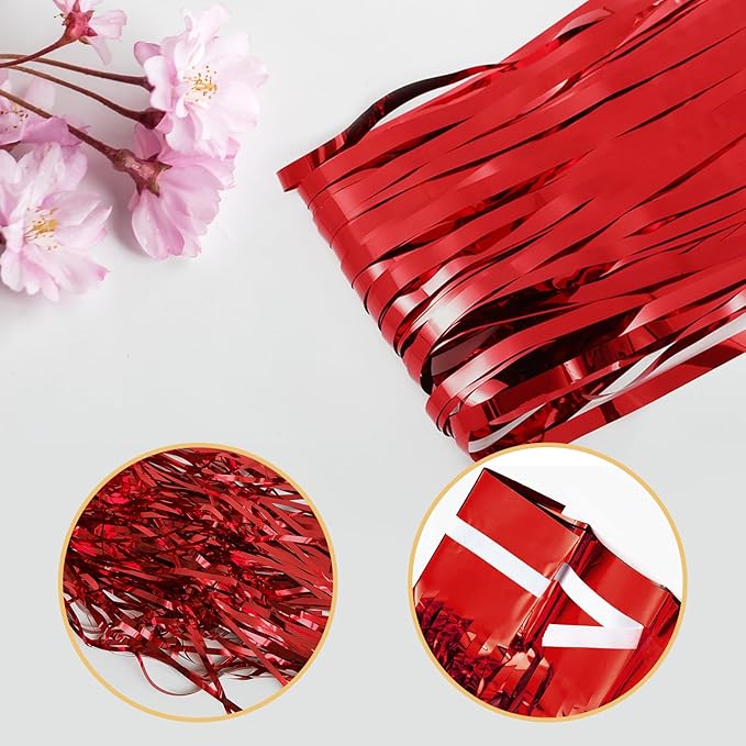 5 Pack Red Foil Curtain Backdrop 3.2ft x 9.8ft Metallic Tinsel Foil Fringe Curtains Streamer Photo Booth Backdrop for Birthday Party Engagement Bachelorette Party Decorations (Red)