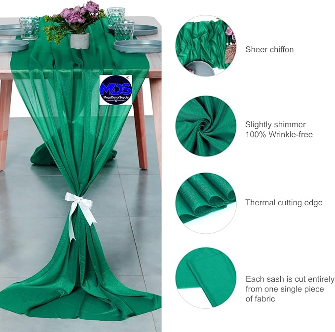 MDS Halloween Chiffon Table Runner - 10 Pack, 29 x 170 Inches, 14ft Each - Sheer Spooky Table Runners for Haunted House Parties, Trick-or-Treat Tables, Witchy Décor, Wedding & Events - Emerald Green