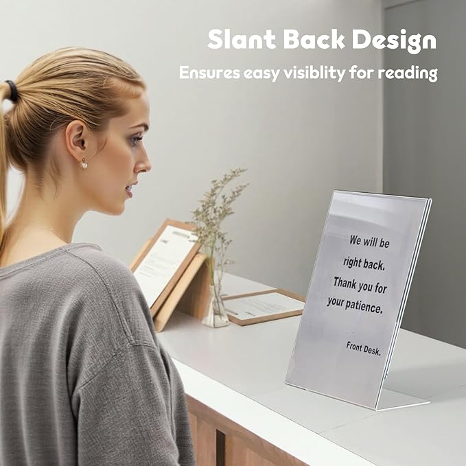 NIUBEE Acrylic Sign Holder 8.5 x 11 Inches Slanted Back, Clear Plastic Sign Holder Paper Display Table Stand for Office, Store, Restaurant (20 Pack)
