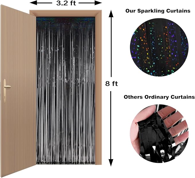 Melsan Halloween Party Decorations Tinsel Backdrop Streamers, Black Foil Fringe Curtains 3.2 ft x 8.2 ft for Halloween New Year Graduations Party Photo Booth Props Decorations, 2 Pack