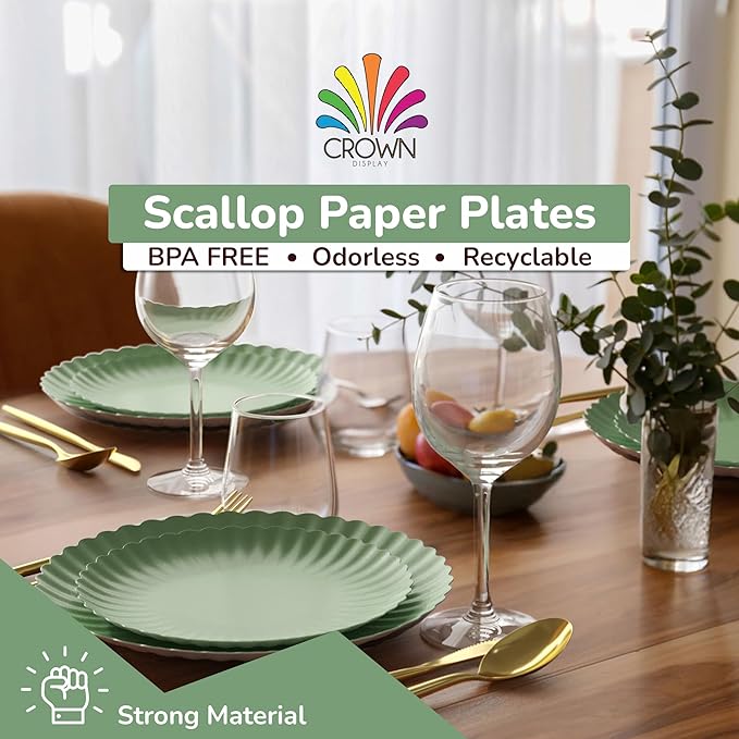Trendables Scalloped Paper Plates 8.5 Inch & 10.5 Inch 80 Pcs Dinner Plate Set Fancy Disposable Plates for Party for 40 Guests 40 X 8 & 40 X 10 Large & Small Paper Plate Set for Parties Matcha