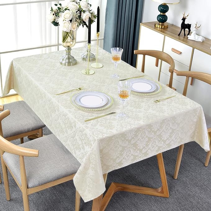 SASTYBALE Rectangle Tablecloth - 60 x 102 Inch Beige Cream Damask Table Cloth Jacquard Design Spill Proof Wrinkle Resistant Waterproof Soft Polyester Oblong Table Cover for Kitchen Parties(Ivory)