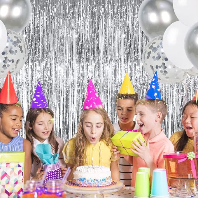 TONIFUL 3Pcs Silver Metallic Tinsel Foil Fringe Curtains,3.28ft x 6.56ft Silver Photo Booth Backdrop Streamer Curtain,Great for Bachelorette,Birthday,Christmas,New Year Party Decorations