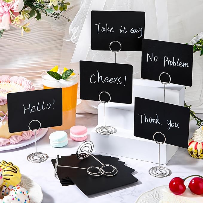 TecUnite 24 Pack Mini Chalkboard Signs, 4"x3" Small Table Place Cards with Metal Stand and 2 Marker Pens Food Labels for Party Buffet, Tabletop Blackboard Signs Name Tags for Wedding Bakery(Sliver)
