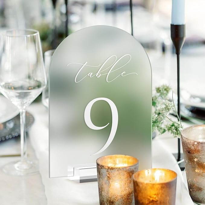 JINMURY Frosted Arch Table Numbers for Wedding, 5x7 Inch Acrylic Table Numbers 1-25 with Stands, Frosted Acrylic Arch Tabletop Sign with Holder for Centerpiece, Reception, Wedding, Party, Event
