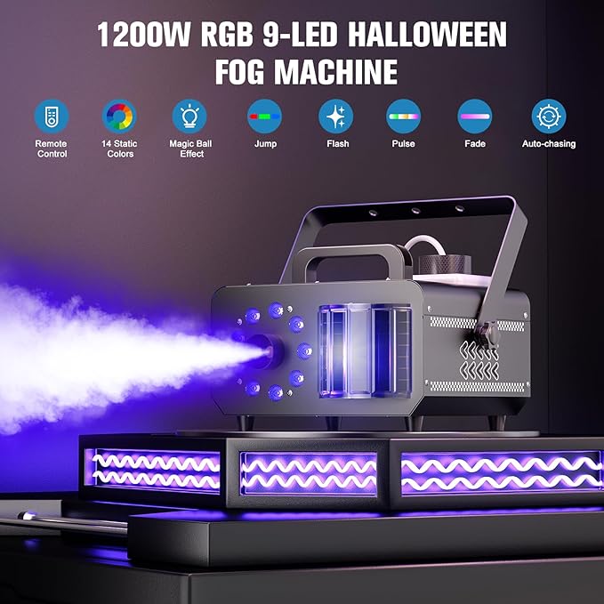Fog Machine with RGBW LED Lights, 1200W Professional Smoke Machine, 1L Tank, 3000CFM Output, 14 Colors for DJ Party Stage Wedding Halloween 2PACK