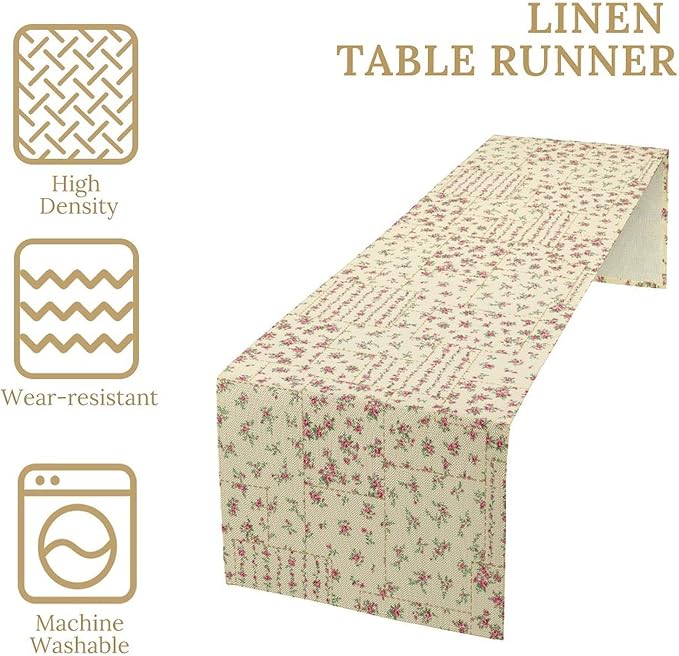 Floral Table Runner, Watercolor Rose Flower Kitchen Table Decoration Vintage Spring Home Tablecloth for Birthday Party Picnic Decoration 13x60 Inch 1PCS