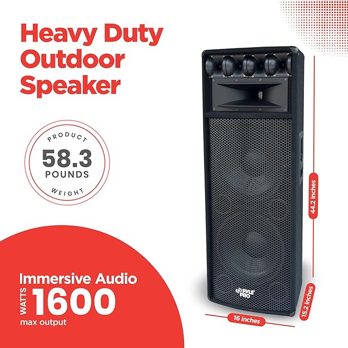 Pyle Portable Cabinet PA Speaker System - 1600 Watt Outdoor Stereo Sound Speakers w/ Dual 12" Woofers, 3.4" Piezo Tweeters, 5"x12" Super Horn Midrange, Crossover Network