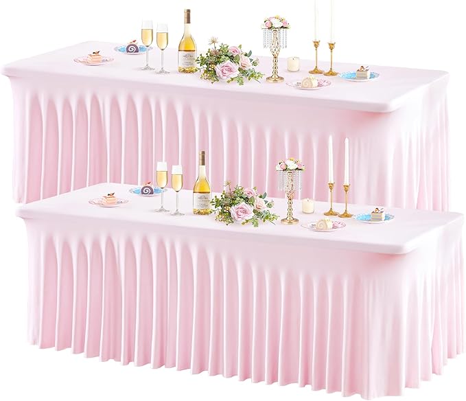 Wish Care 2 Pack Pink Spandex Table Clothes for 6 Foot Rectangle Tables, 6FT Wrinkle Free Fitted Tablecloths Ruffles Design Table Cover for Party, Banquet, Wedding and Events
