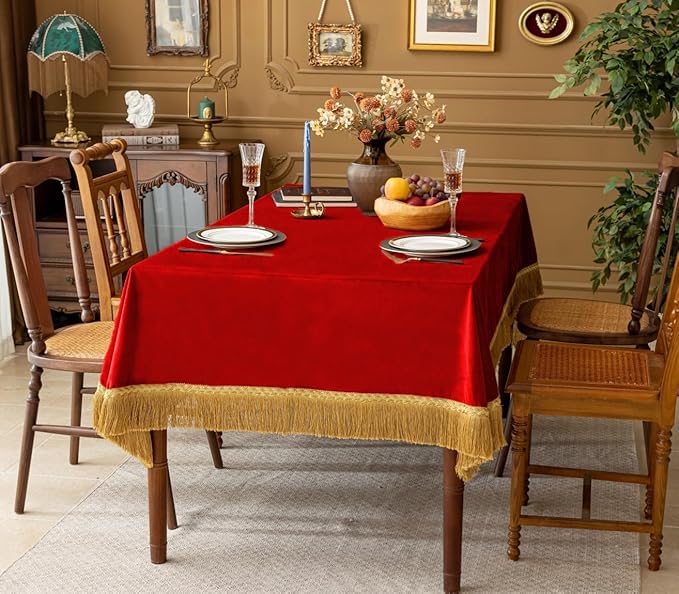 F-CHU Luxury Red Tablecloth Thickset Velvet Tablecloth with Beautiful Gold Tassels Vintage Table Cloth for Home Decor Wedding, Party, Banquet and Events 60x102-Inch
