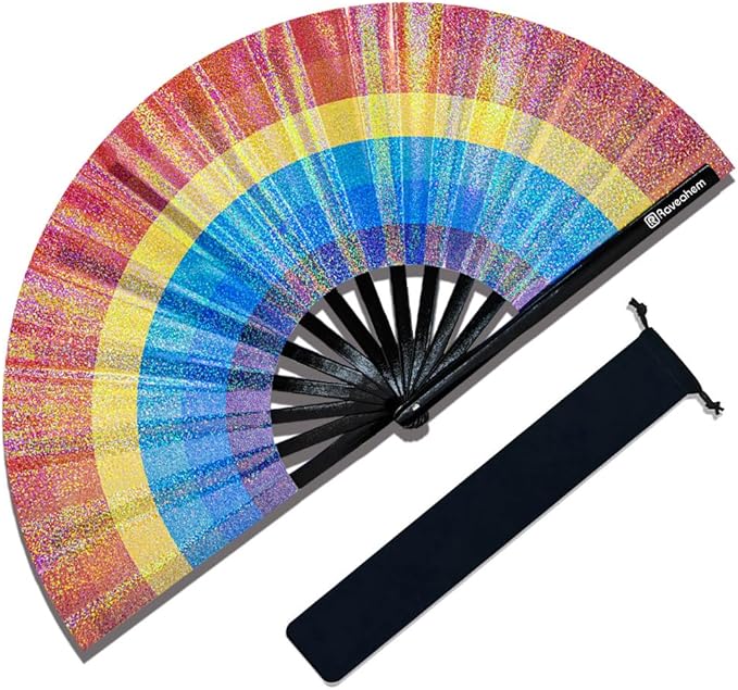 Large Rave Fan, Clack Folding Hand Fan with Premium Fabric, Thick Bamboo Frame for Men Women Gift for EDM, Festival, Club, Party, Dance, Decoration (Lridescent Rainbow, 13")