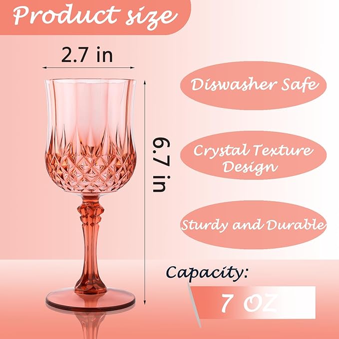 Plastic Wine Glasses，Plastic Goblets Vintage Style Cordial Drinking Glasses for Wedding Reception, Grand Event Party Supplies (48, Rose Gold)