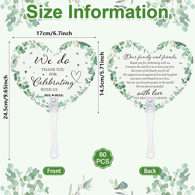 60Pcs Wedding Fan Gifts for Guests Greenery Handheld Fan with 1 Wedding Table Sign, Greenery Wedding Favors Thank You Fans for Guests Hostess Gifts Plastic Handheld Heart Shape Fan Green Leaf Pattern