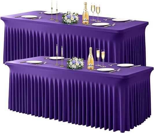 Wish Care 2 Pack Dark Purple Spandex Table Clothes for 8 Foot Rectangle Tables, 8FT Wrinkle Free Fitted Tablecloths Ruffles Design Table Cover for Party, Banquet, Wedding and Events