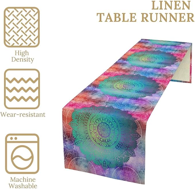 Green Mandala Table Runner, Bohemian Vintage Colorful Exotic Colorful Floral Print Table Runner for Wedding Dining Table Holiday Party Kitchen Home Decor, 13x36inch